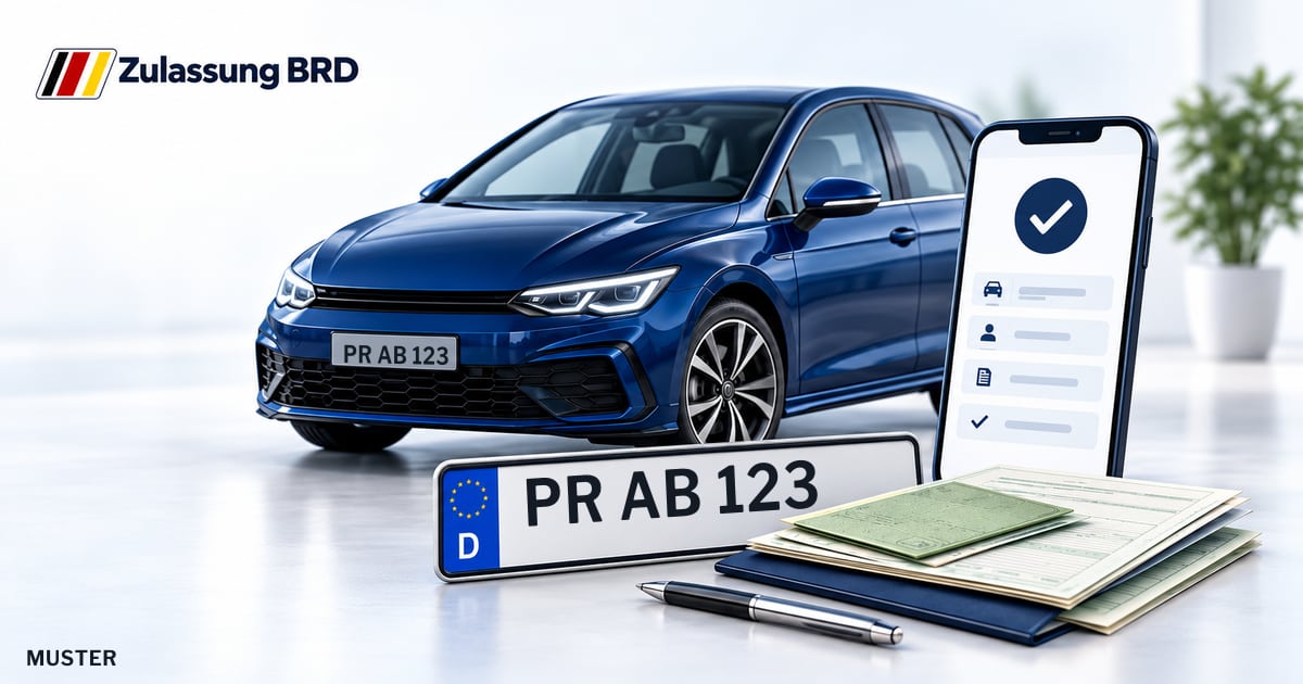Online Fahrzeugzulassung in Wittenberge: Musterkennzeichen PR AB 123, Auto und Fahrzeugpapiere und Smartphone. Illustration mit Logo von Zulassung BRD.